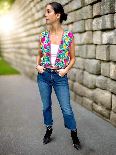 Pink and Yellow Flowers Crop Bohemian Jacket