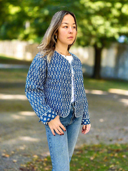 Blue and White Motif Print Cotton Short Reversible Jacket