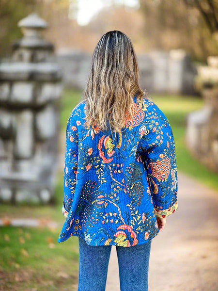 Blue Botanical with Mustard Print Cotton Wrap Reversible Jacket