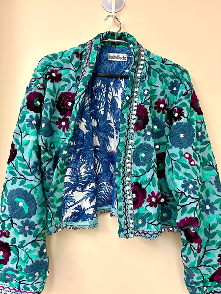 Sea Green with Purple and Grey Flowers Crop Bohemian Jacket