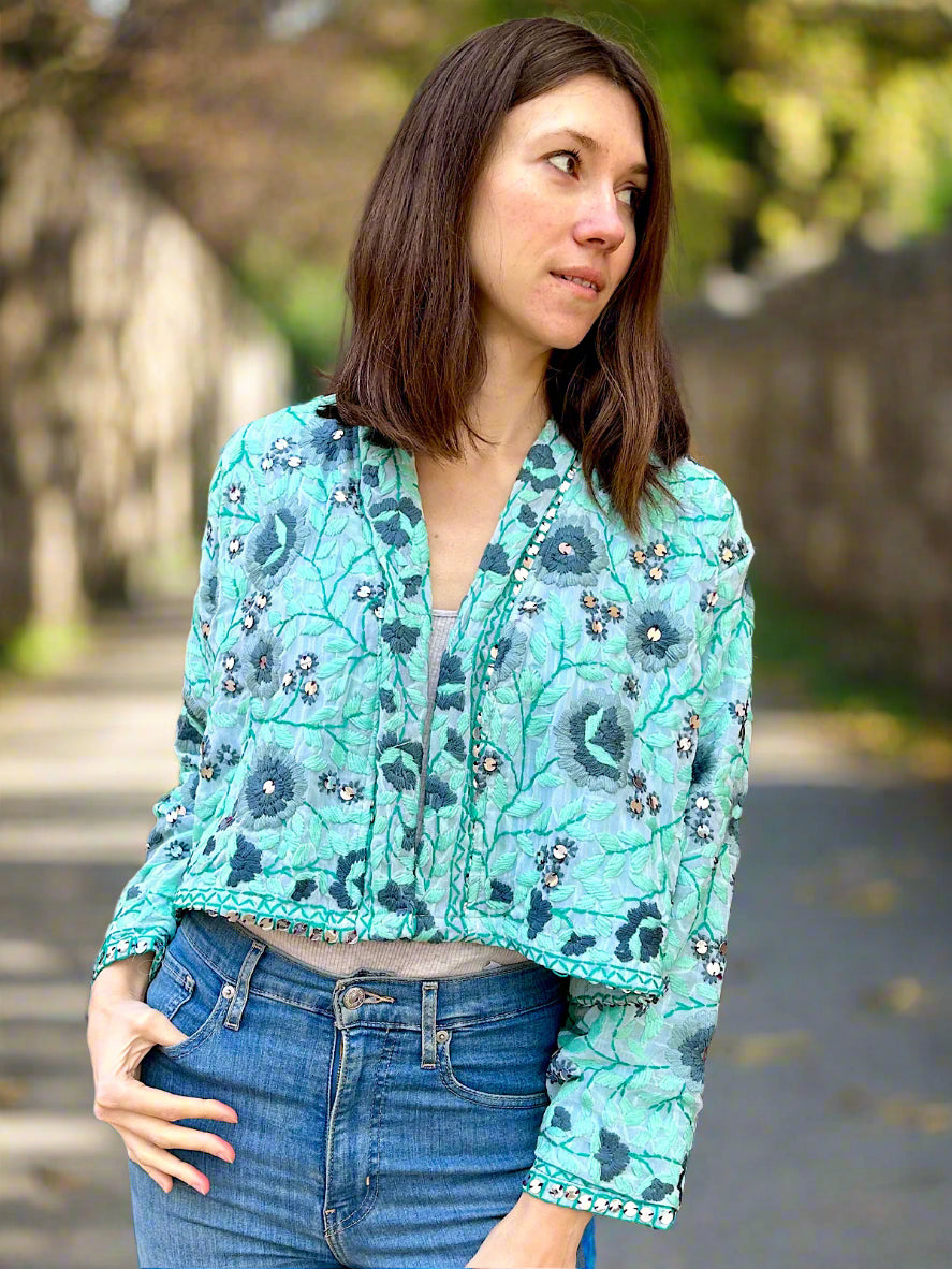 Sea Green with Grey Flowers Crop Bohemian Jacket