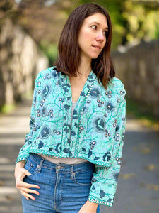 Sea Green with Grey Flowers Crop Bohemian Jacket