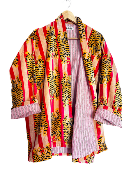 Pink and Peach Tiger Print Short Velvet Jacket