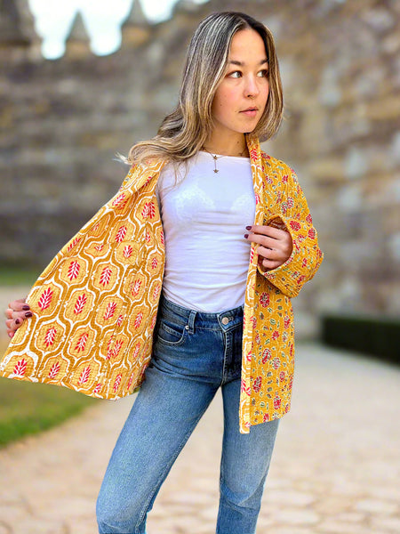 Mustard Yellow Floral Print Cotton Wrap Reversible Jacket