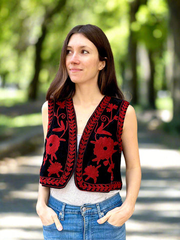 Black and Red Velvet Embroidered Vest