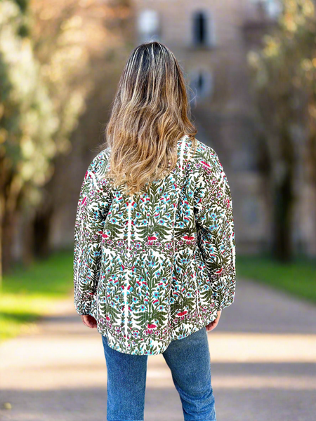 Green Botanical Print Cotton Wrap Reversible Jacket