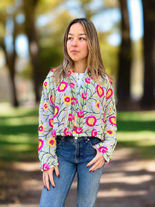 Off White with Pink and Yellow Flowers Crop Bohemian Jacket