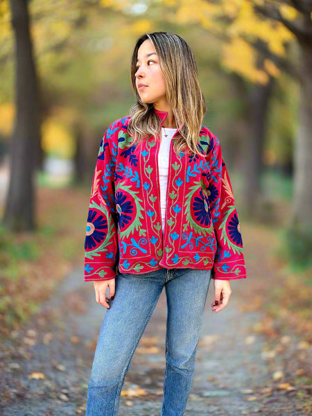 Red With Blue and Green Velvet Embroidered Jacket