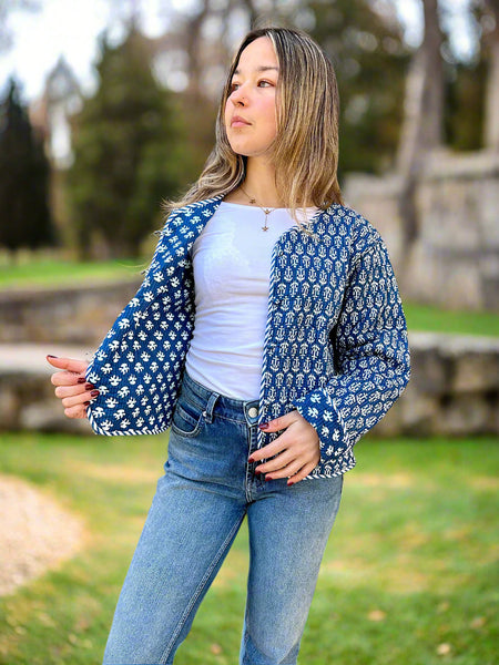 Blue and White Motif Print Cotton Short Reversible Jacket