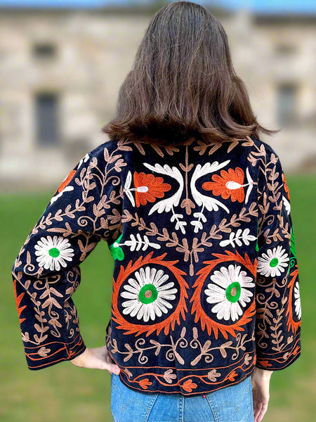 Black with Orange and Green Velvet Embroidered Jacket