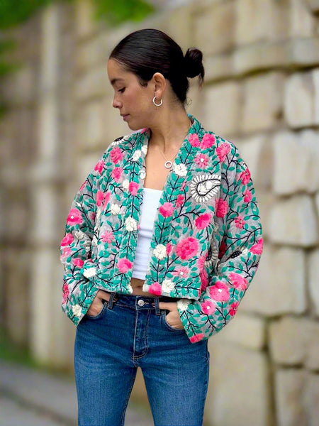 Off White with Pink and White Flowers Crop Bohemian Jacket