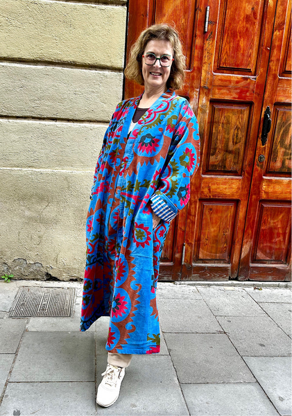 Blue Mandala Print Long Velvet Jacket