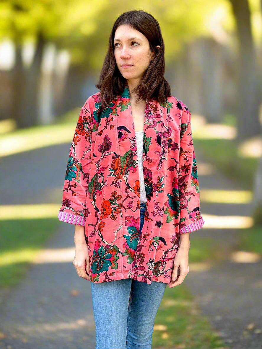 Peach Botanical Print Short Velvet Jacket