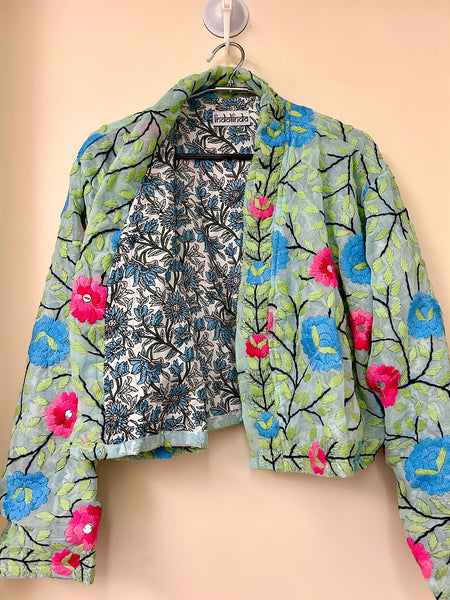 Ice Blue with Blue and Pink Flowers Crop Bohemian Jacket