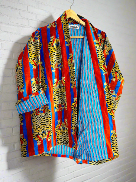 Blue and Red Tiger Print Short Velvet Jacket