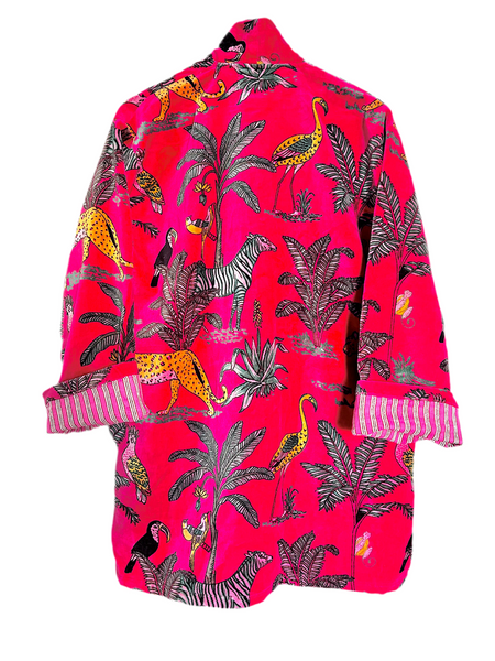 Bright Pink Animal Safari Print Short Velvet Jacket