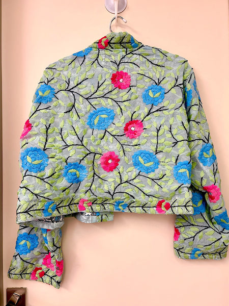 Ice Blue with Blue and Pink Flowers Crop Bohemian Jacket