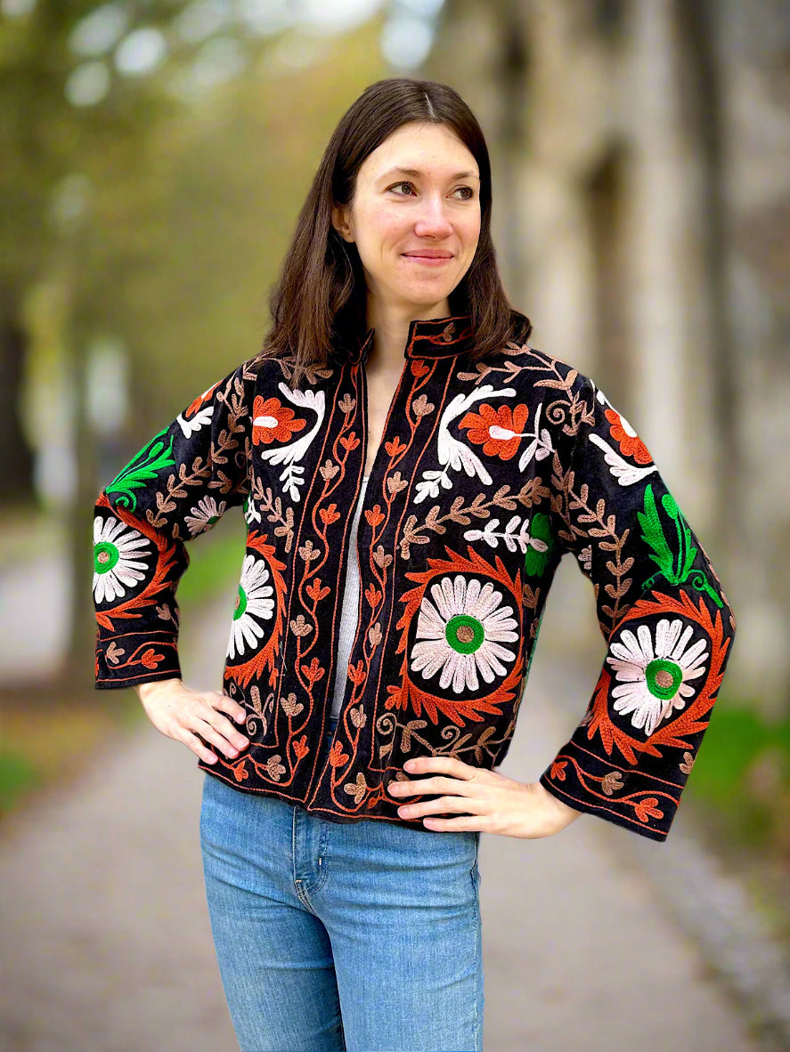 Black with Orange and Green Velvet Embroidered Jacket