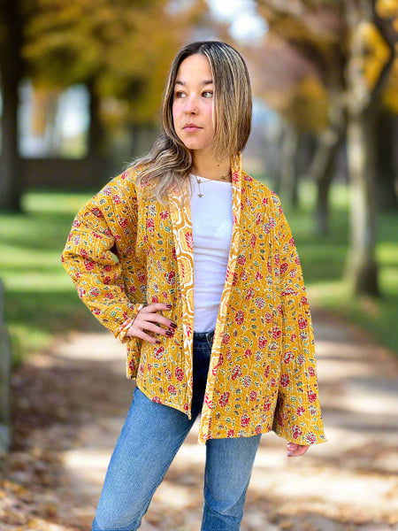 Mustard Yellow Floral Print Cotton Wrap Reversible Jacket