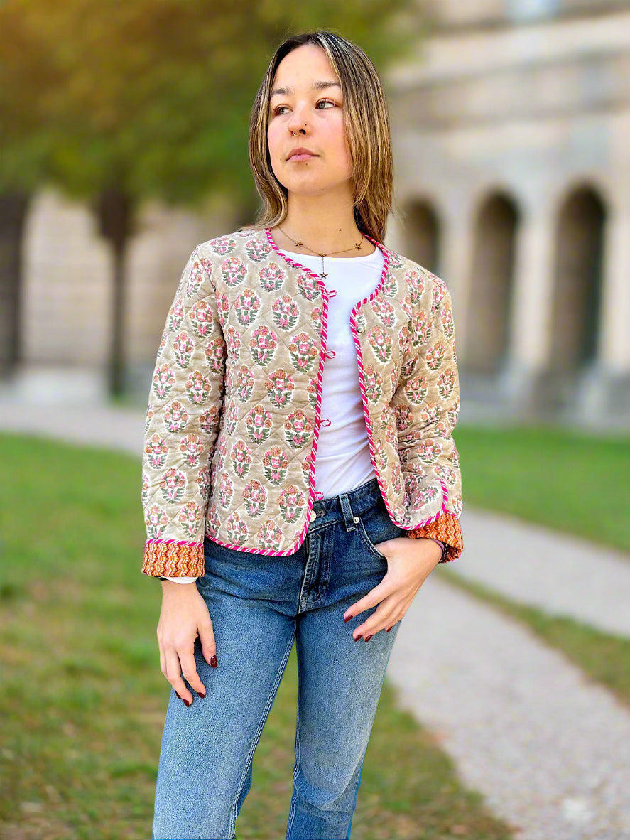 Beige Floral Motif Print Cotton Short Reversible Jacket