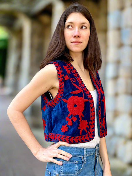 Blue and Red Velvet Embroidered Vest