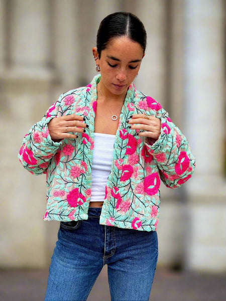 Mint Green with Pink Flowers Crop Bohemian Jacket