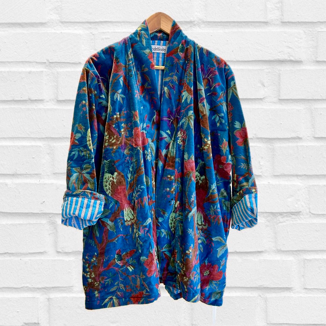 Blue Birds and Flowers Print Velvet Jacket