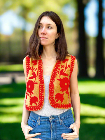 Beige and Red Velvet Embroidered Vest