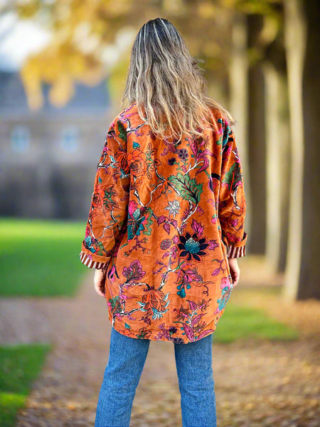 Copper Brown Botanical Print Short Velvet Jacket