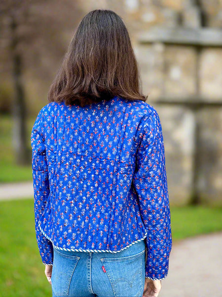 Blue Tiny Motif Print Cotton Short Reversible Jacket