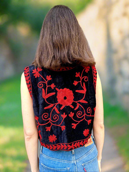 Black and Red Velvet Embroidered Vest