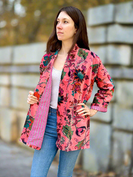 Peach Botanical Print Short Velvet Jacket