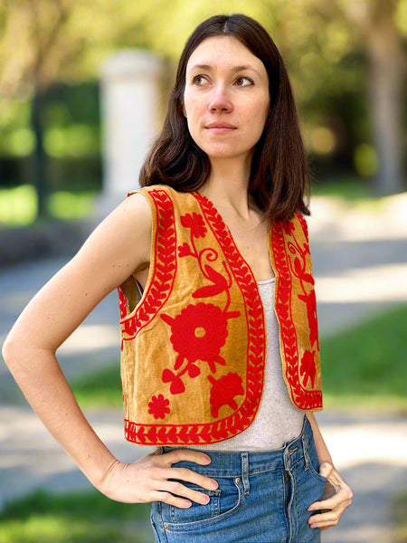 Beige and Red Velvet Embroidered Vest