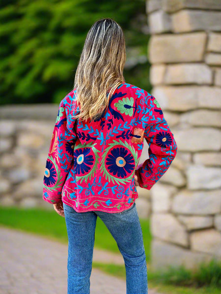 Red With Blue and Green Velvet Embroidered Jacket