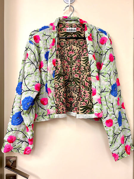 Cream with Blue and Pink Flowers Crop Bohemian Jacket