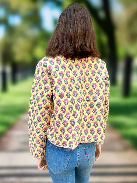 Pastel Yellow Motif Print Cotton Short Reversible Jacket