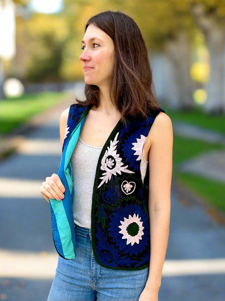 Black with Blue and White Velvet Embroidered Vest