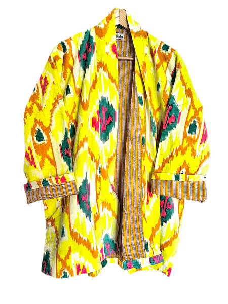 Bright Yellow Ikat Print Short Velvet Jacket