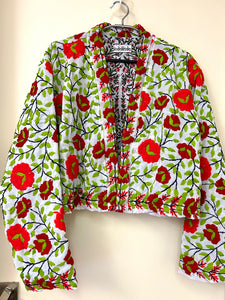 White with Red and Orange Flowers Crop Bohemian Jacket