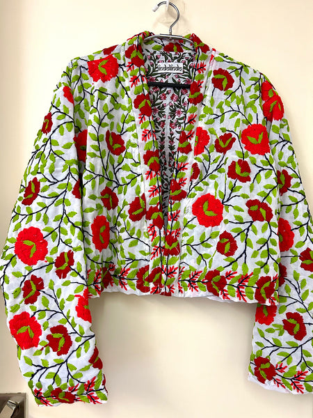 White with Red and Orange Flowers Crop Bohemian Jacket