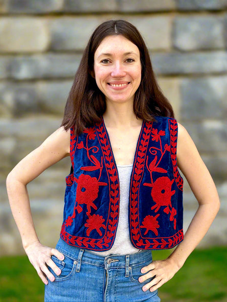 Blue and Red Velvet Embroidered Vest