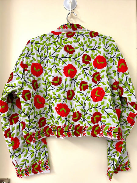 White with Red and Orange Flowers Crop Bohemian Jacket