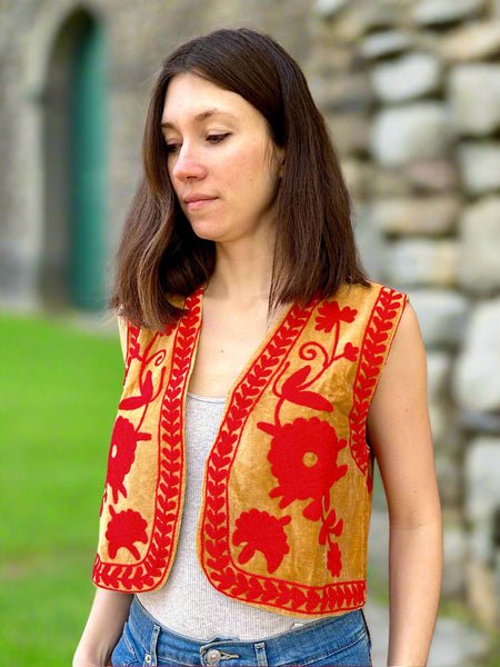 Beige and Red Velvet Embroidered Vest