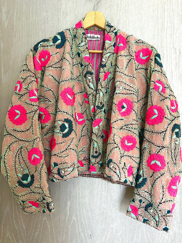 Pink Flowers and Green Paisley Crop Bohemian Jacket