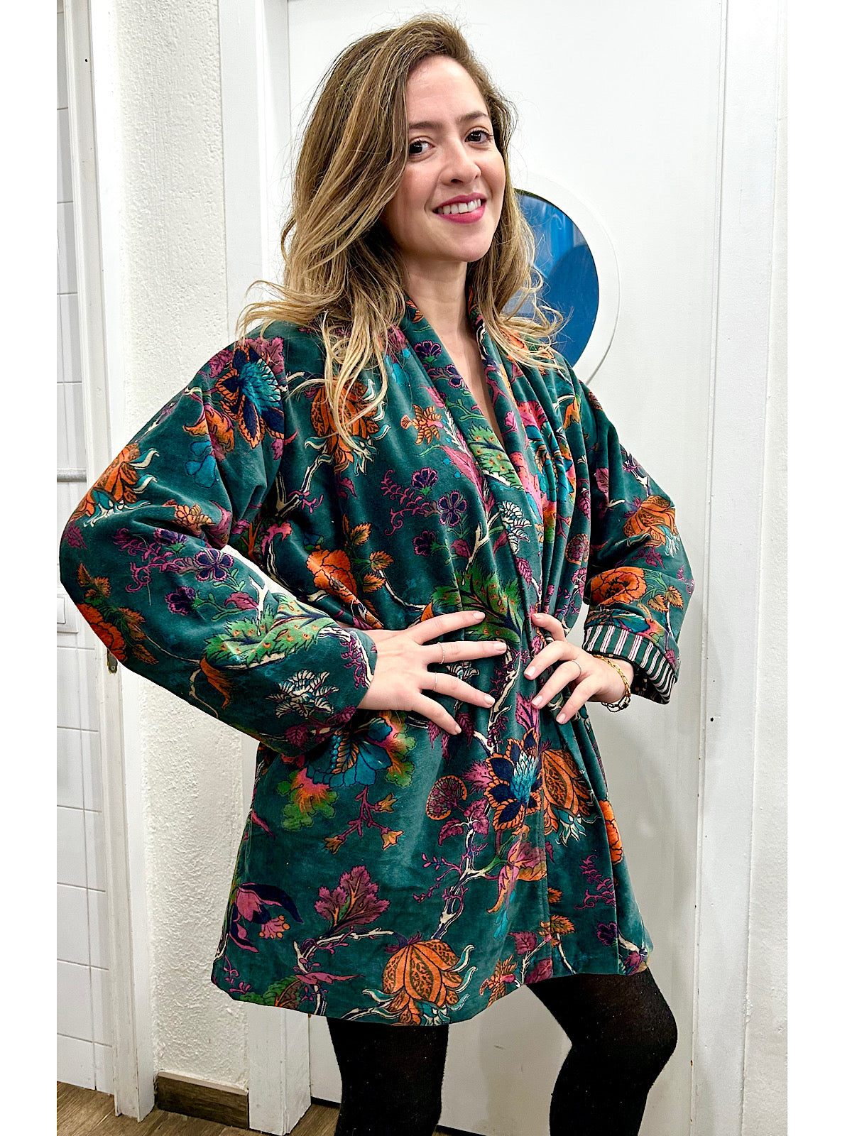 Christmas Green Botanical Print Short Velvet Jacket