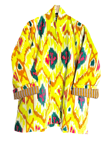 Bright Yellow Ikat Print Short Velvet Jacket