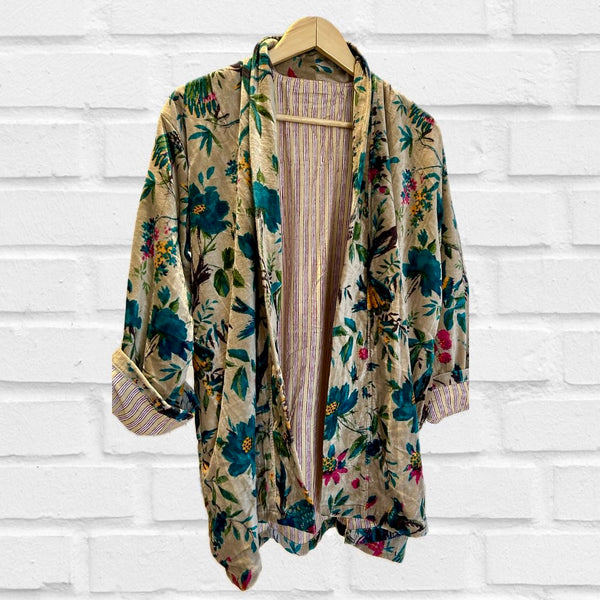 Beige Botanical Print Velvet Jacket