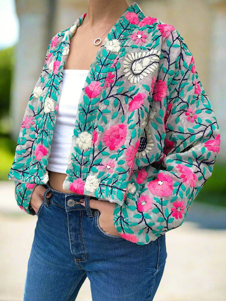 Off White with Pink and White Flowers Crop Bohemian Jacket