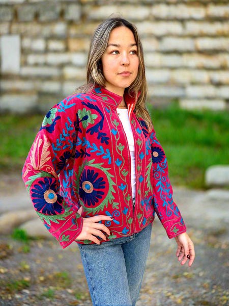 Red With Blue and Green Velvet Embroidered Jacket