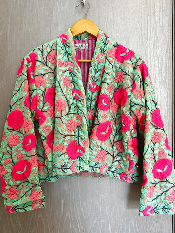 Mint Green with Pink Flowers Crop Bohemian Jacket